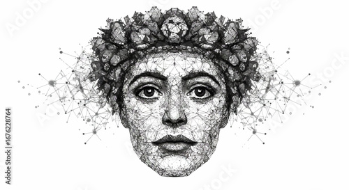 Digital wireframe mosaic face with ethereal geometric patterns and floral accents