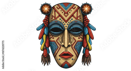 Intricate tribal mask design with colorful patterns and abstract elements