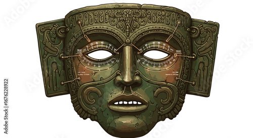 Ancient mechanical mask artwork with intricate details and gears