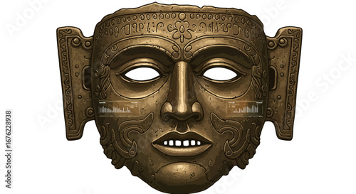 Intricate ancient mask with detailed aztec design on white background