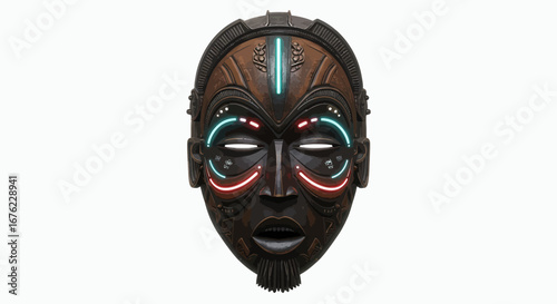 Futuristic tribal mask with neon accents on white background