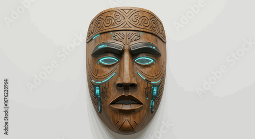 Futuristic cyber tribal mask with neon accents on wood