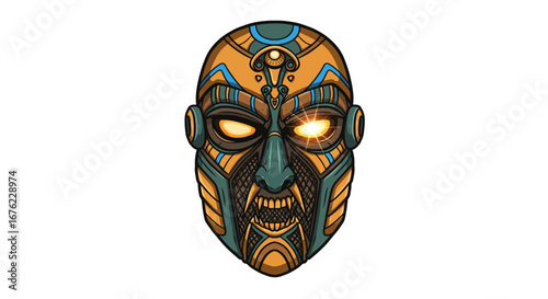 Intricate cyberpunk robotic mask with futuristic tribal design and glowing eye