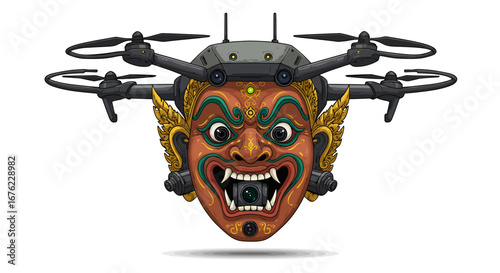 Cultural fusion drone with intricate mask design and modern technology