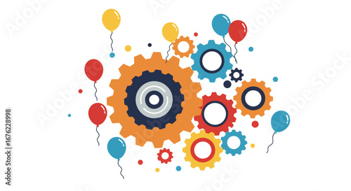 Colorful gears and balloons in a festive flat design