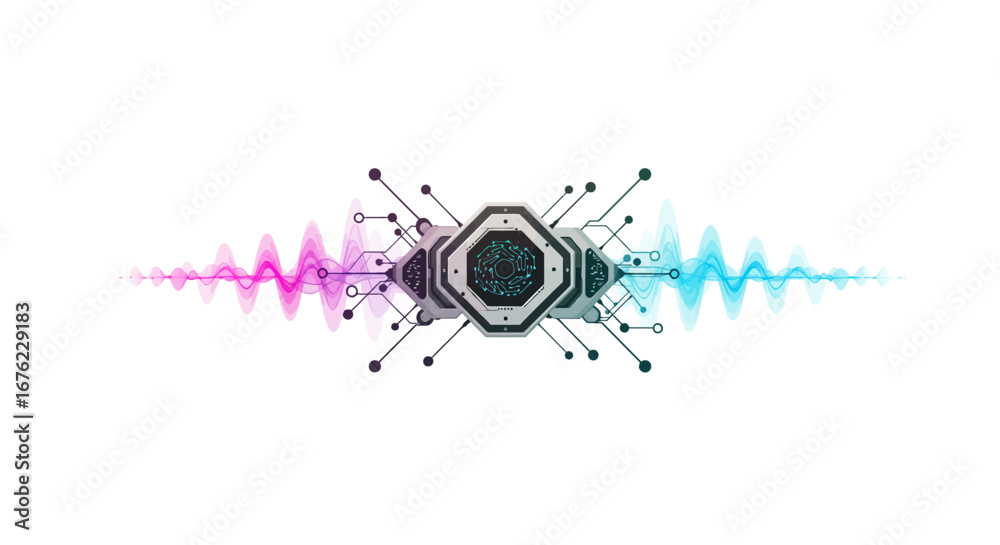 Obraz premium Futuristic circuitry design with vibrant wave patterns in a hexagonal shape