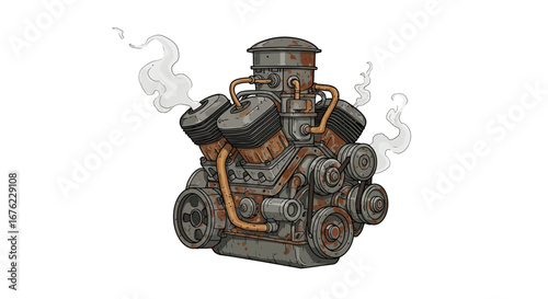 Rusty antique engine with steam emitting in detailed vintage style