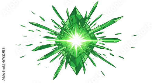 Vibrant abstract green crystal explosion on white background