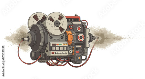 Retro sci-fi machine with reels and cables in detailed steampunk style