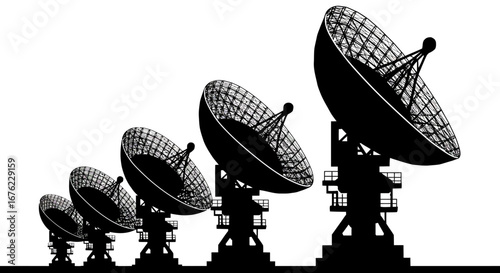 Array of silhouette satellite dishes in perspective on white background