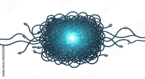 Complex network of cables with glowing center in digital art style
