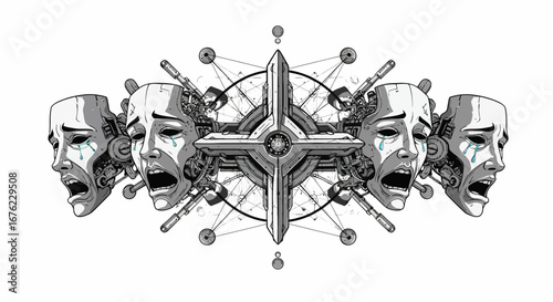 Symmetrical emotional crying faces with futuristic mechanical elements