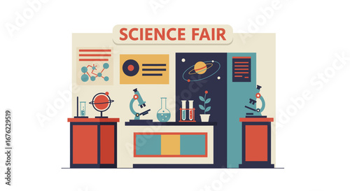Colorful science fair exhibit with laboratory equipment and educational posters