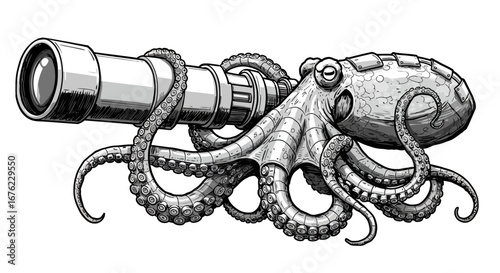 Steampunk octopus with telescope: intricate black and white ink design