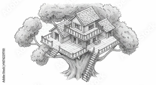 Charming pencil sketch of treehouse with detailed architecture and leafy surroundings