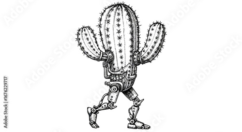 Steampunk cactus walking robot with mechanical limbs in ink style
