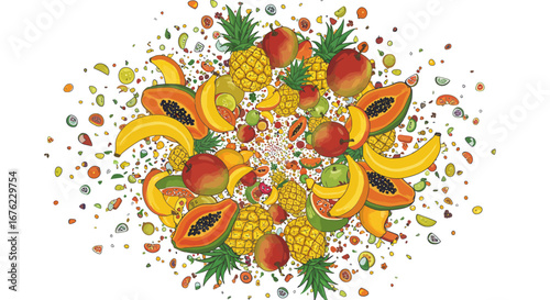 Colorful tropical fruit explosion with pineapple, mango, and papaya in circular pattern