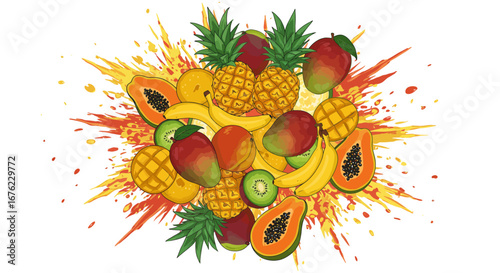 Vibrant tropical fruit explosion with pineapple, mango, and papaya on splash background