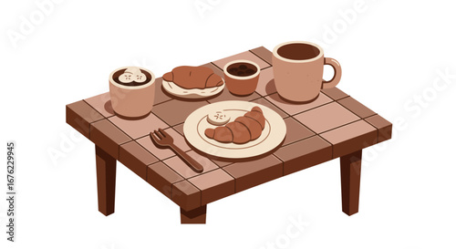 Cozy breakfast scene with coffee and croissants on a wooden table