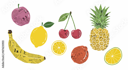 Colorful fruits collage with newspaper texture and vibrant style