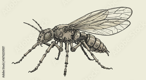 Intricate steampunk mosquito design with mechanical details and gears