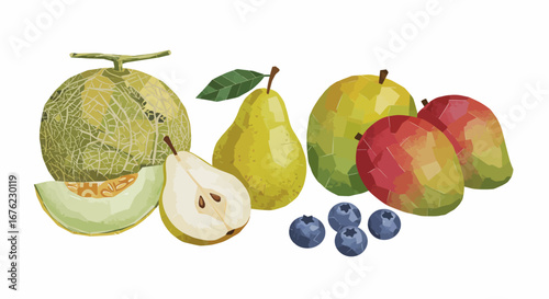 Geometric fruit arrangement featuring melon, pears, mangoes, and blueberries