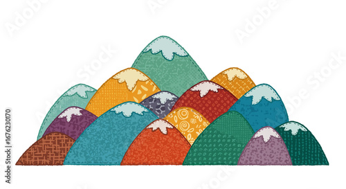 Colorful patchwork mountains with snow caps in whimsical style