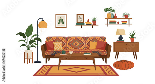 Cozy living room with patterned sofa and indoor plants