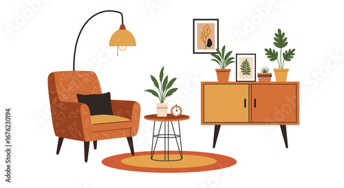 Cozy mid-century living room with plants and retro furniture