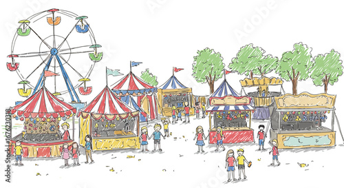 Whimsical carnival scene with ferris wheel and food stalls in sketch style