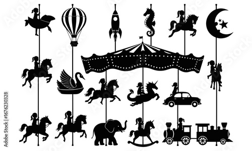 Carousel ride silhouette, children playing on merry go round, amusement park attraction, fairground fun, fantasy horses, carnival entertainment, creative vector illustration
