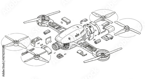 Exploded view of drone components in detailed linear style