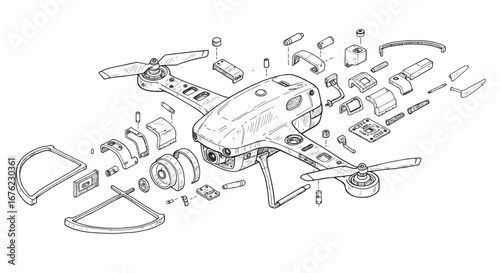 Detailed exploded view of drone components in technical line art style