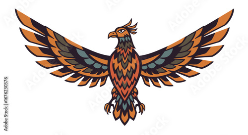 Colorful geometric bird spreading wings in tribal style