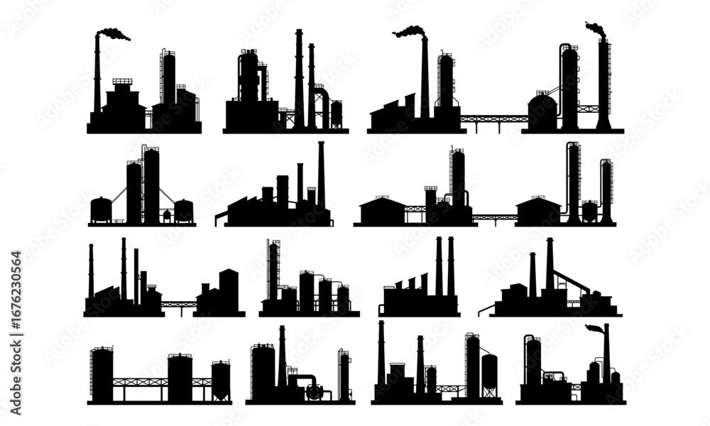 Fototapeta premium Industrial factory silhouettes, power plant buildings, refinery structures, chemical industry equipment, oil gas plant, energy production, manufacturing site, vector illustration, architecture