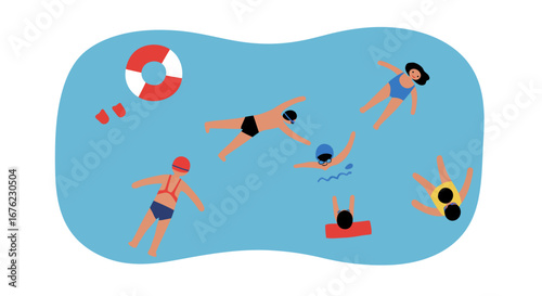 Flat design pool scene with people swimming and relaxing