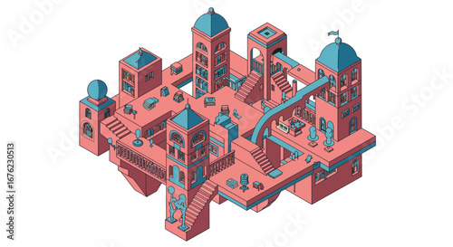 Surreal isometric architecture with interconnected paths and towers
