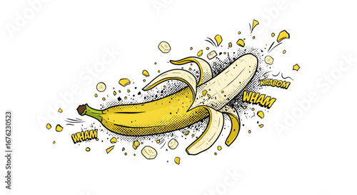 Vibrant pop art banana explosion with comic style effects