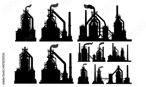Industrial factory silhouettes, steel plant structures, refinery buildings, heavy industry equipment, manufacturing plant,