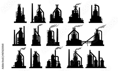 Steel factory silhouettes, heavy industrial plant, refinery buildings, manufacturing equipment, power plant chimneys, smoke stacks, chemical industry, oil gas production, vector illustration