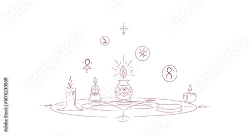 Mystical symbols and candles in minimalist line art style