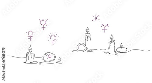 Minimalist line art of candles with feminine and astrological symbols