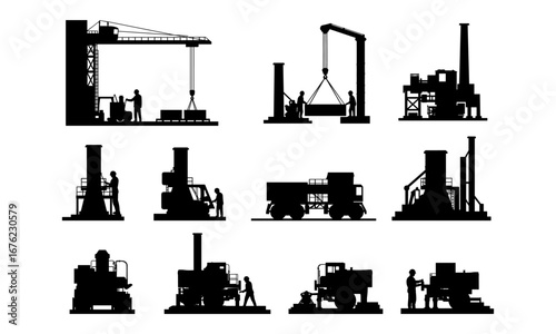 Construction machinery silhouettes, heavy industrial equipment, cranes, trucks, workers, factory machines, infrastructure tools, 