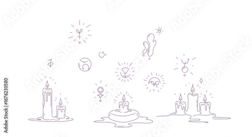 Mystical candle and zodiac symbols in minimalistic line art style