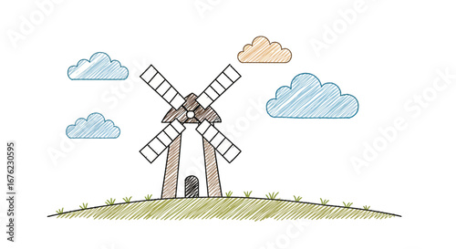 Charming windmill with hand-drawn clouds: a sketchy scene of nature and tradition