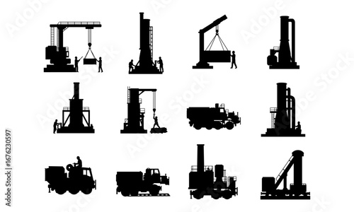 Heavy construction equipment silhouettes, industrial machinery, workers operating cranes, factory machines, engineering tools, i