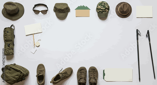 Outdoor adventure gear layout with hiking essentials and accessories on white background