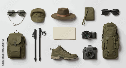 Outdoor adventure equipment layout featuring hiking gear and accessories