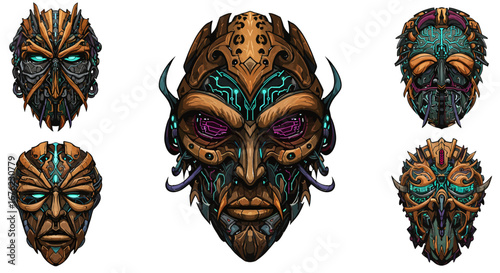 Intricate cyberpunk masks with tribal and futuristic design elements