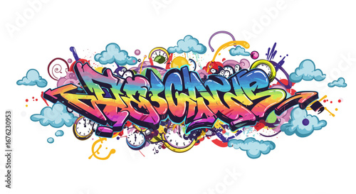 Colorful urban graffiti artwork with abstract elements and clouds